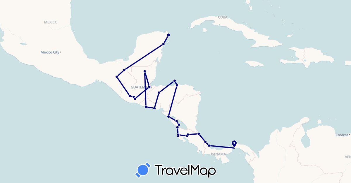 TravelMap itinerary: driving in Costa Rica, Guatemala, Honduras, Mexico, Nicaragua, Panama, El Salvador (North America)